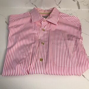 David Donahue 100% Cotton Dress Shirt Long Sleeve Pink &White Stripe Men’s XL